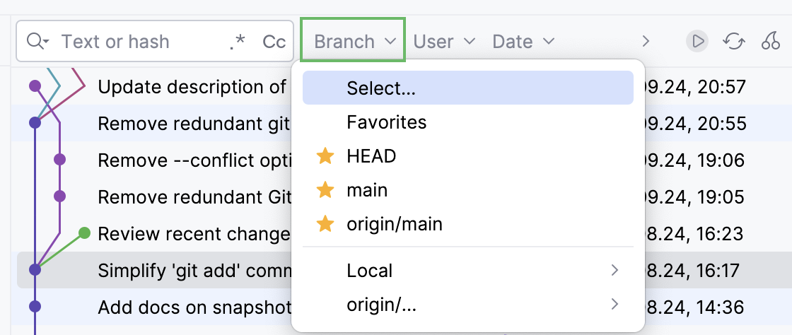 Filter log by branch