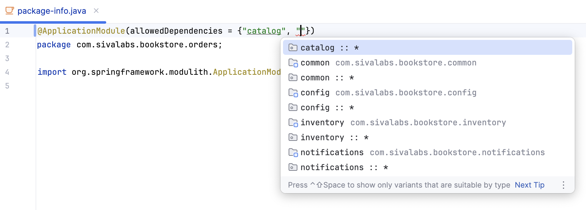 Completion popup with allowed dependencies