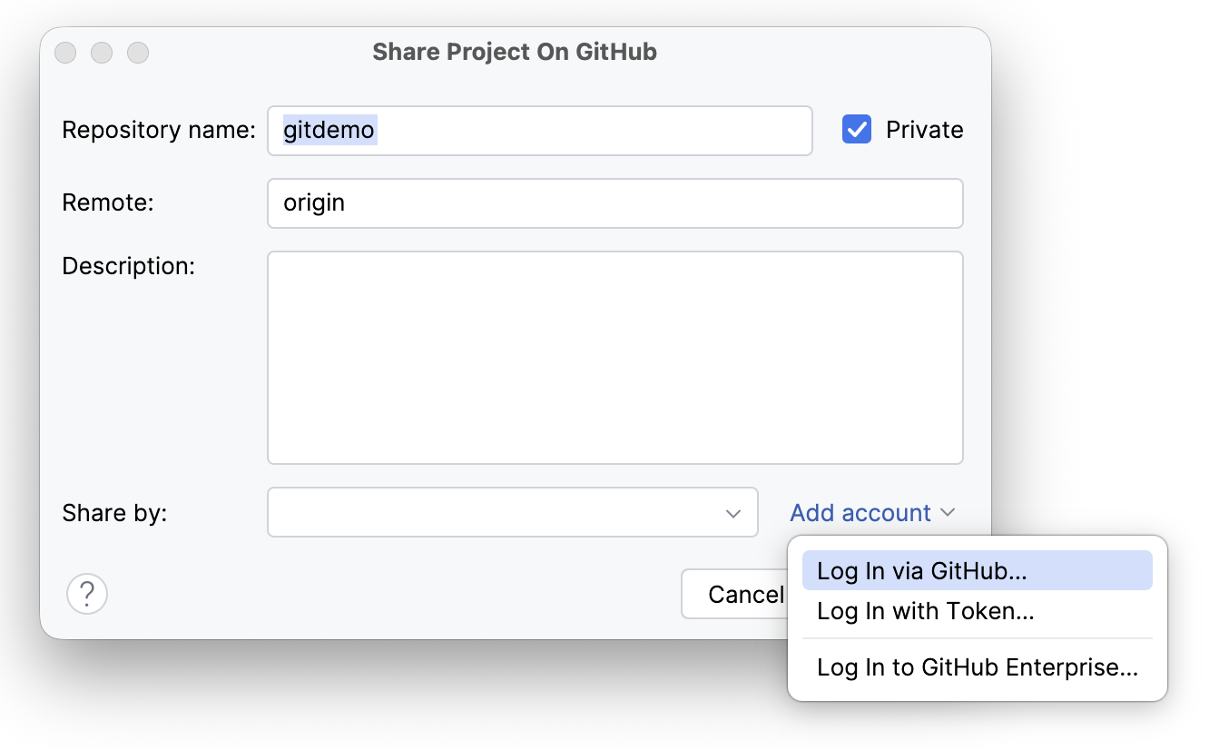 The Share Project on GitHub dialog The Share Project on GitHub dialog