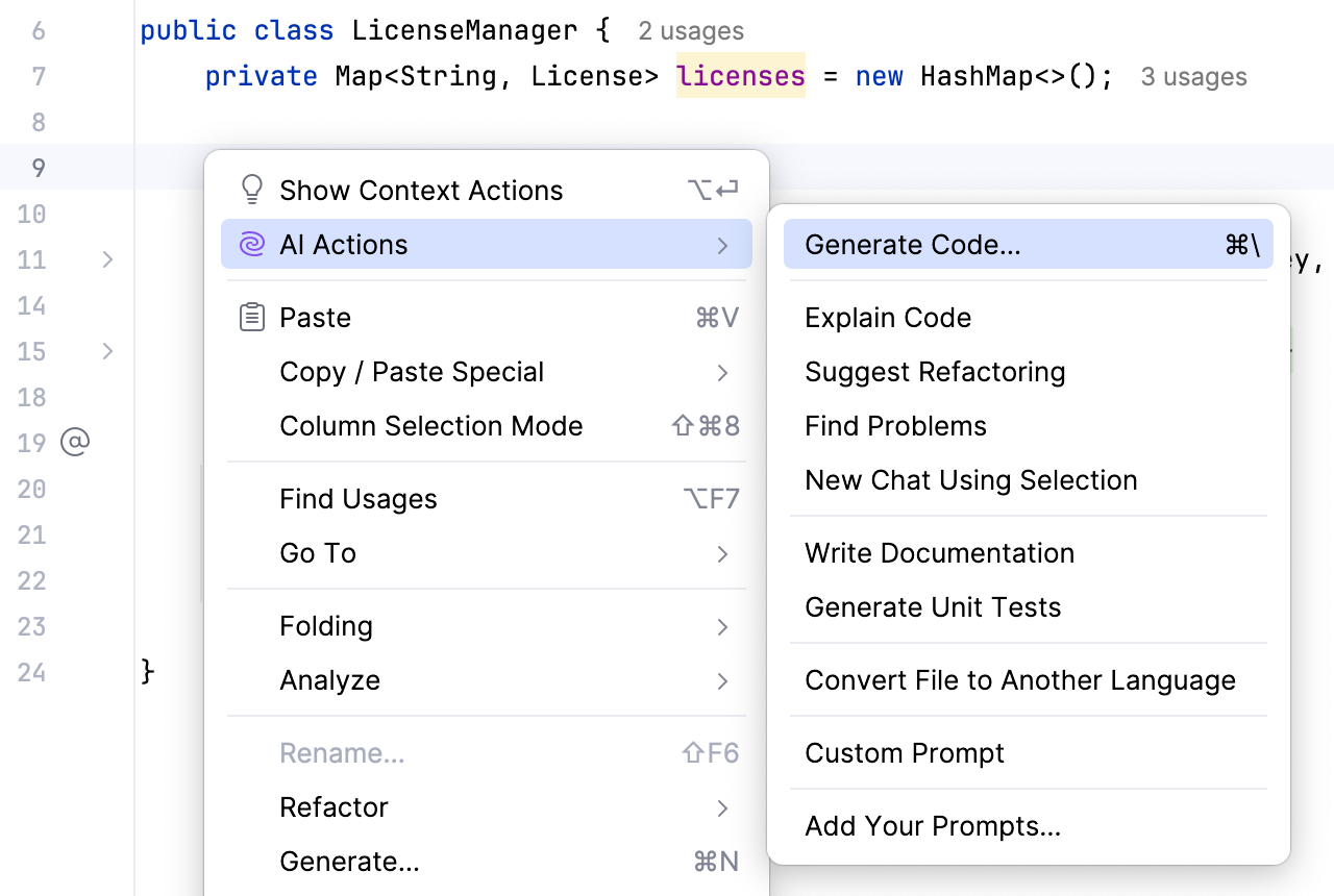 Open the AI Actions menu and select the Generate Code option