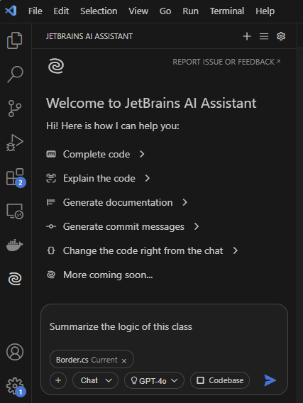 Visual Studio Code 中的 JetBrains AI 聊天面板