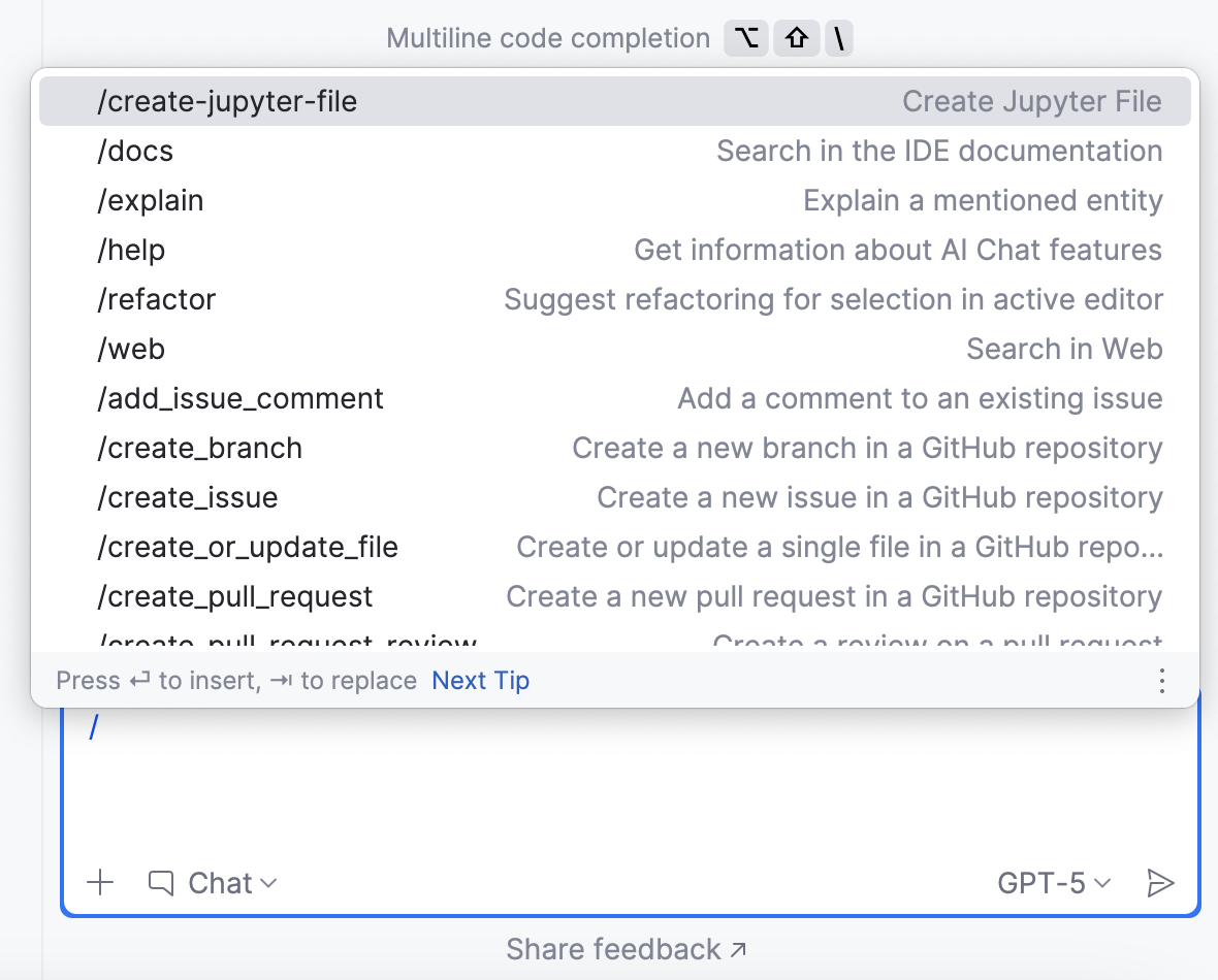 List of commands available on the MCP server