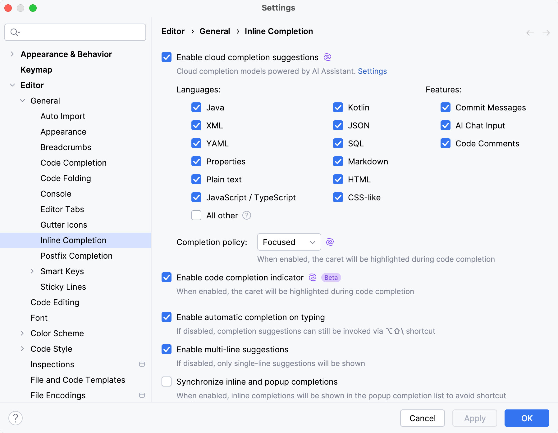 Code completion settings Code completion settings