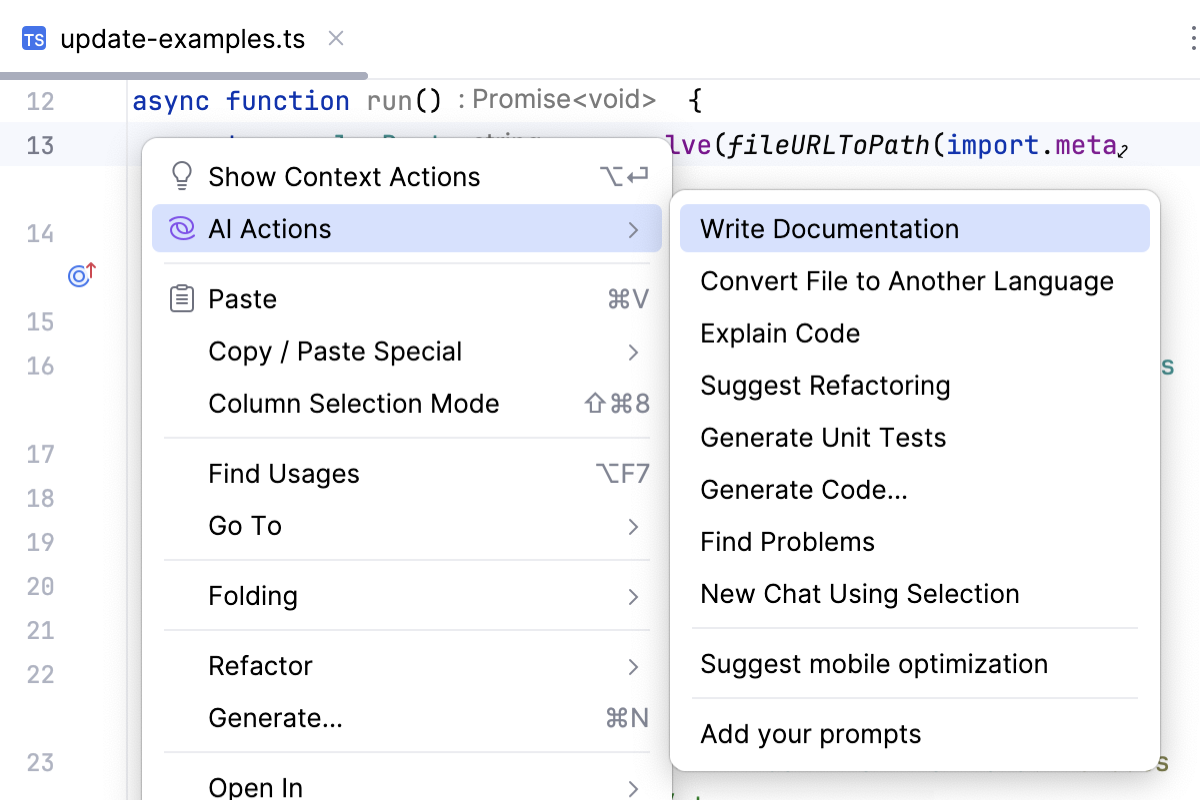 Write Documentation context menu item Write Documentation context menu item
