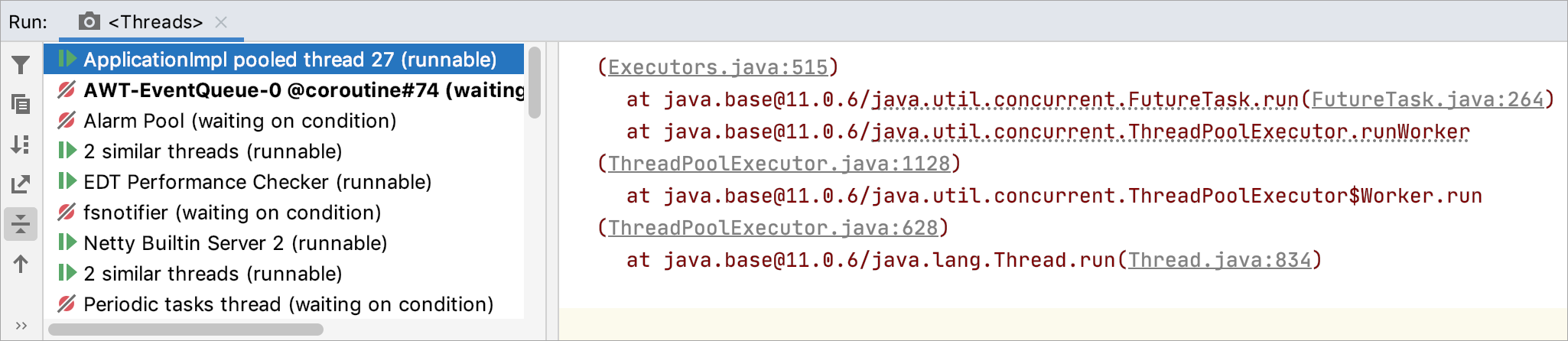 A thread dump shown in the Run tool window A thread dump shown in the Run tool window