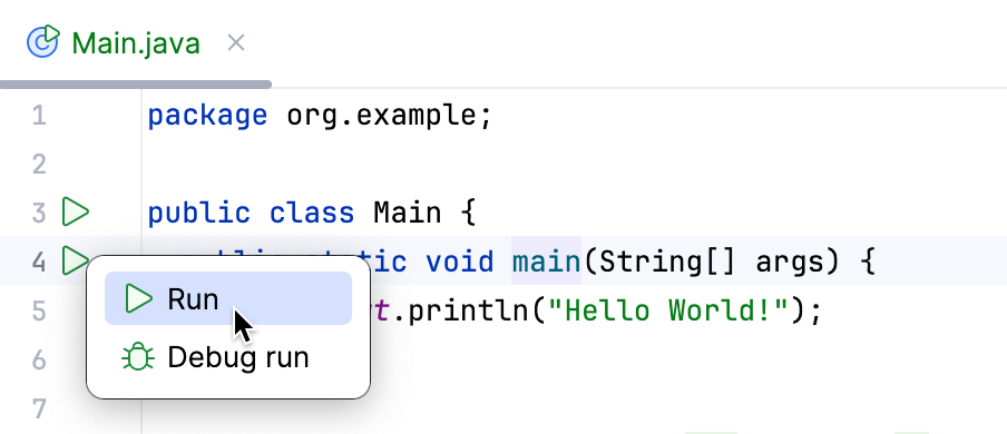 A menu appears on clicking the gutter icon near the main class