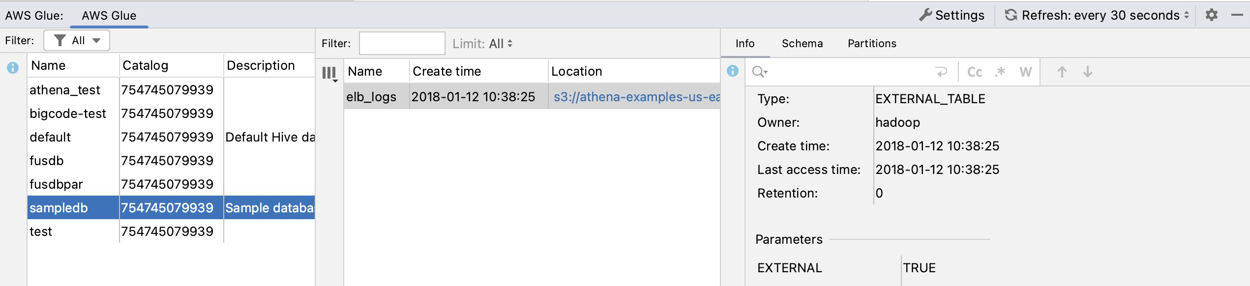 The AWS Glue tool window The AWS Glue tool window