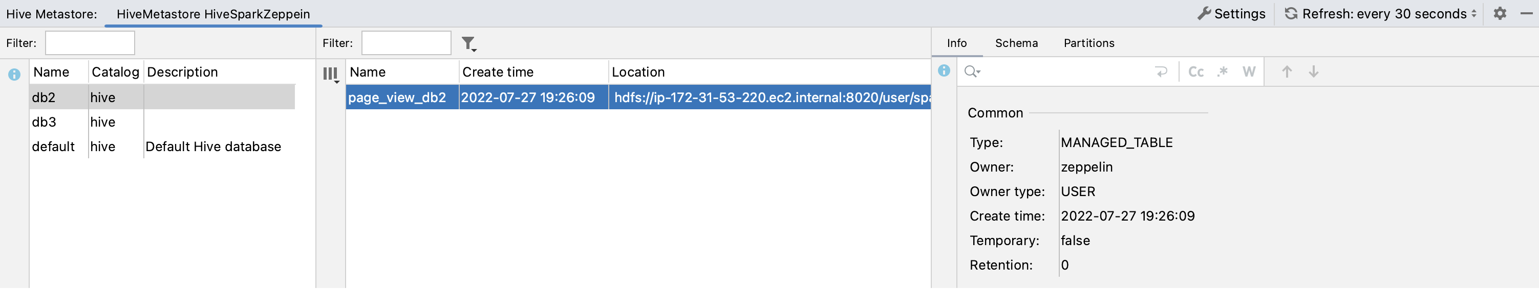 The Hive Metastore tool window The Hive Metastore tool window