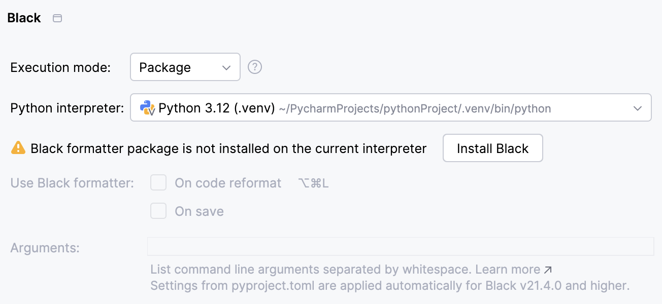 配置 Black 格式化器：包模式