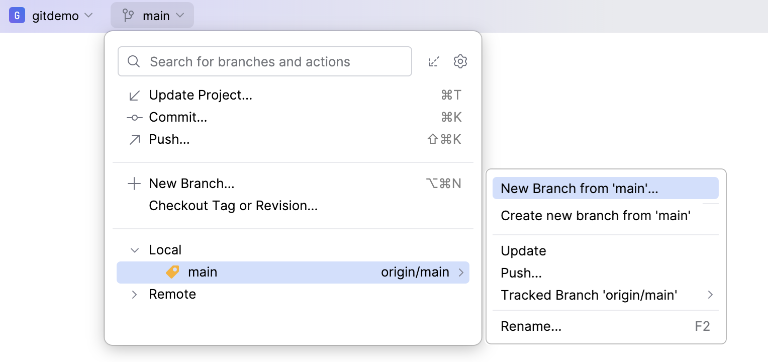 Git branch menu Git branch menu