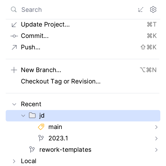 Branches grouped by prefix in the VCS widget Branches grouped by prefix in the VCS widget