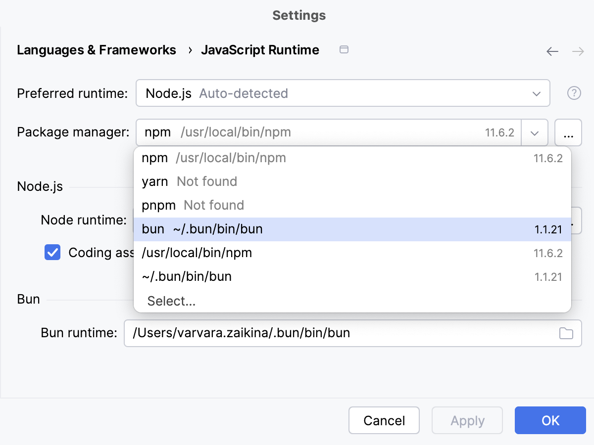 Select Bun as project package manager