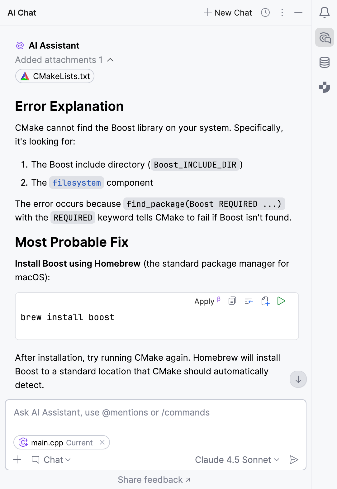 The AI Assistant explanation of a CMake error The AI Assistant explanation of a CMake error