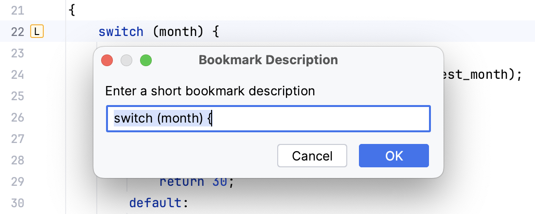 Renaming a bookmark in the editor Renaming a bookmark in the editor