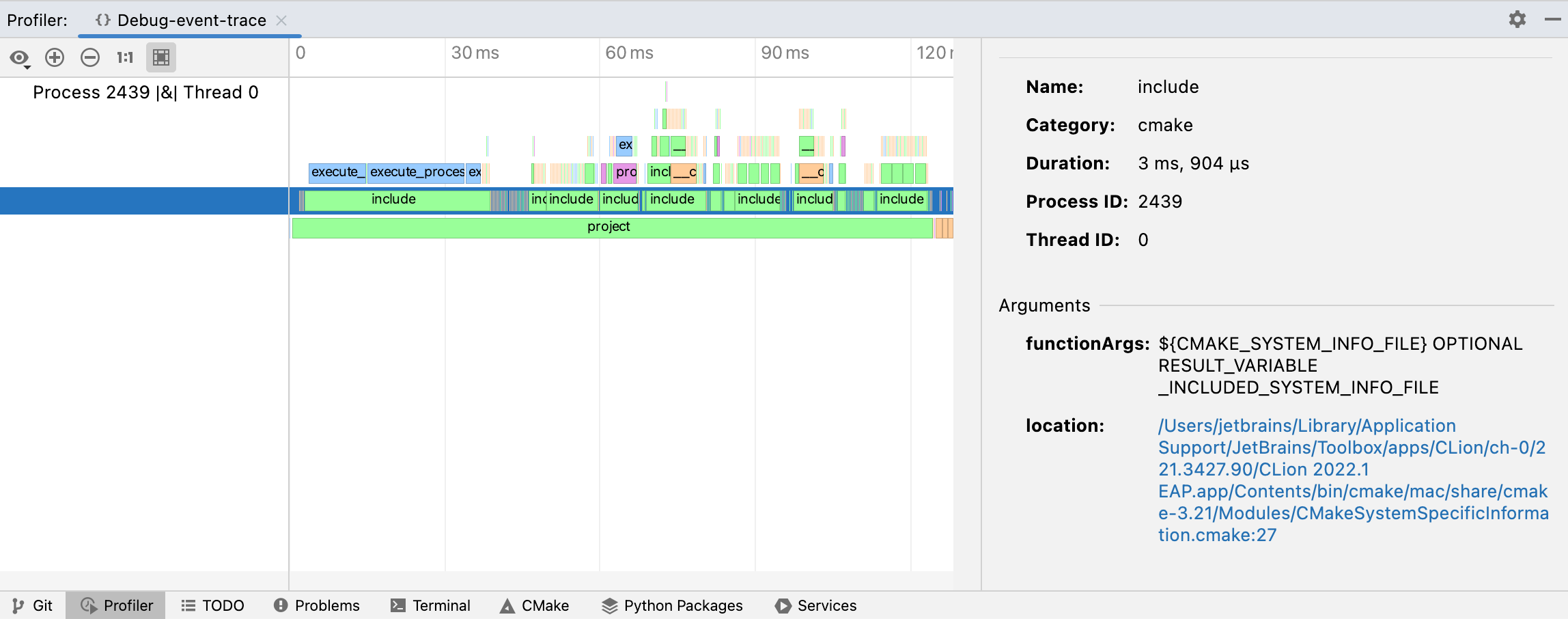 CMake profiling tool window CMake profiling tool window