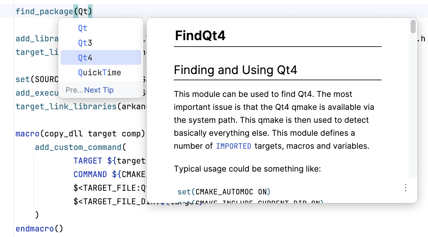 Quick doc in CMake completion