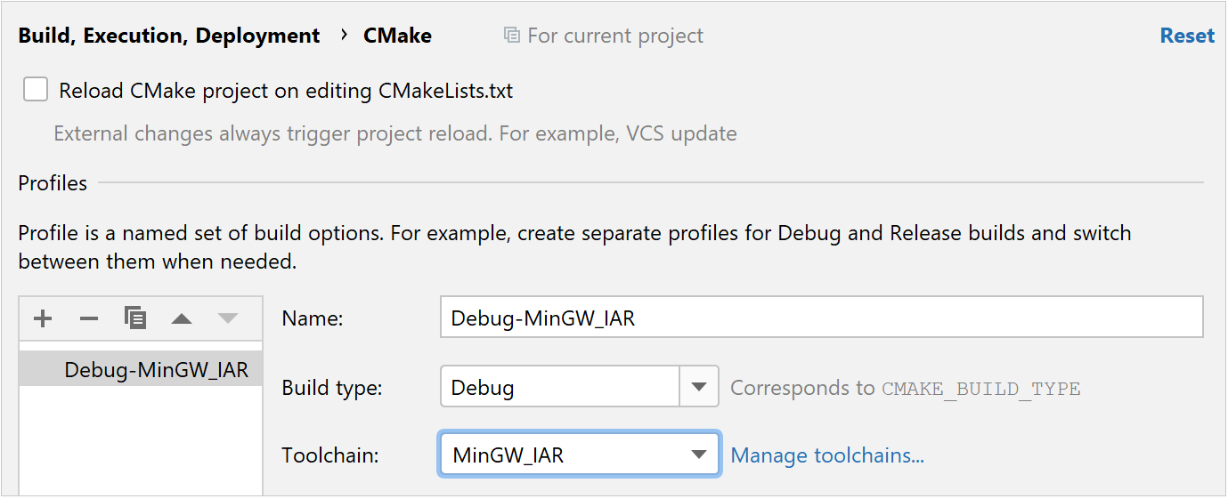 IAR toolchain selected for a CMake profile IAR toolchain selected for a CMake profile
