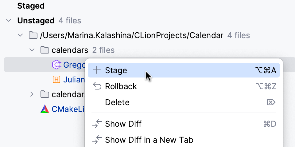 Stage from the Commit tool window Stage from the Commit tool window