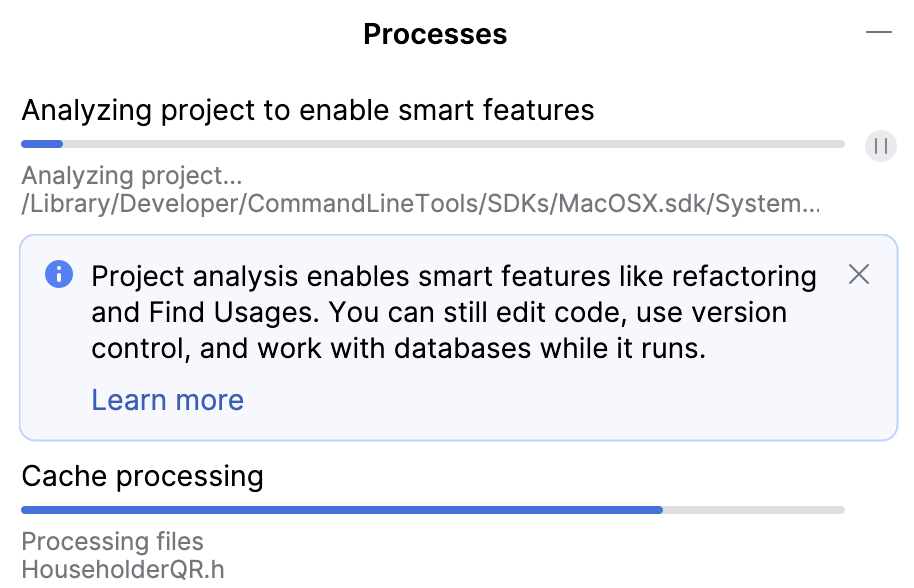 Processes dialog with project analysis tasks