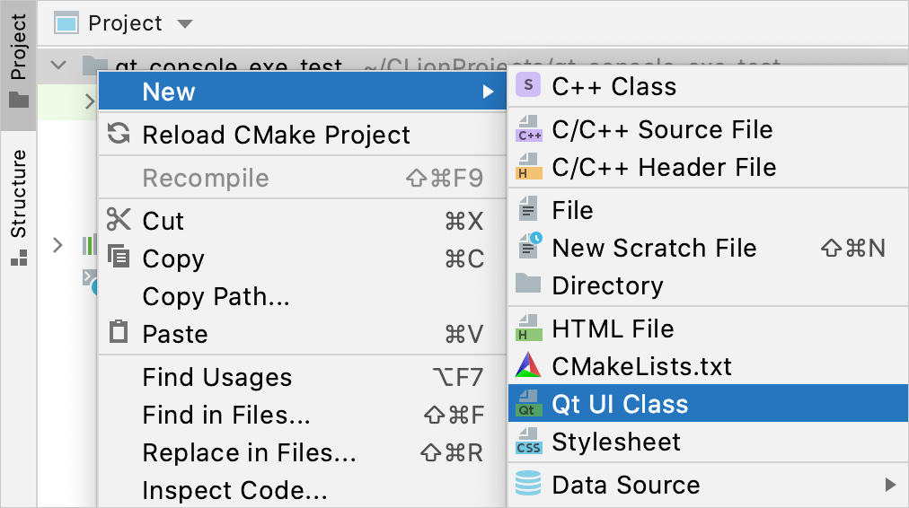 New Qt UI Class menu option New Qt UI Class menu option