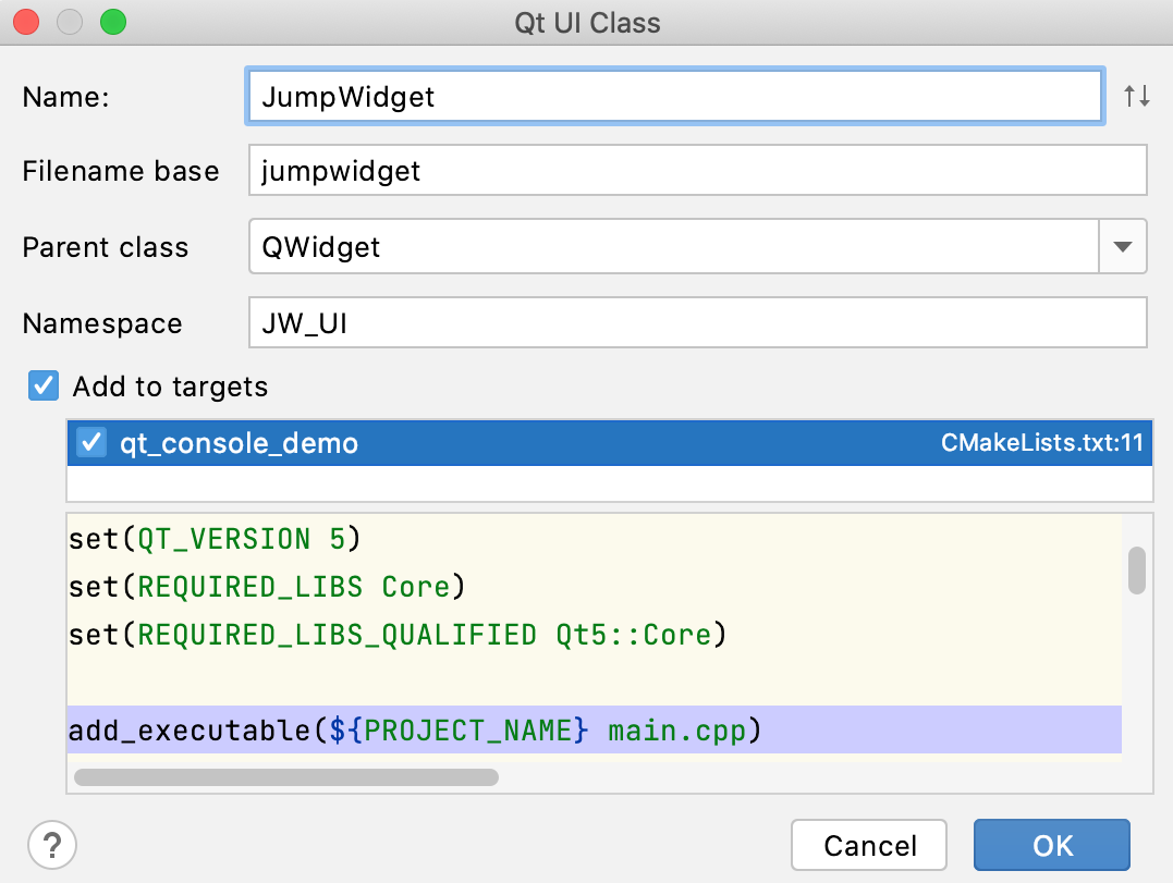 New Qt UI Class dialog New Qt UI Class dialog