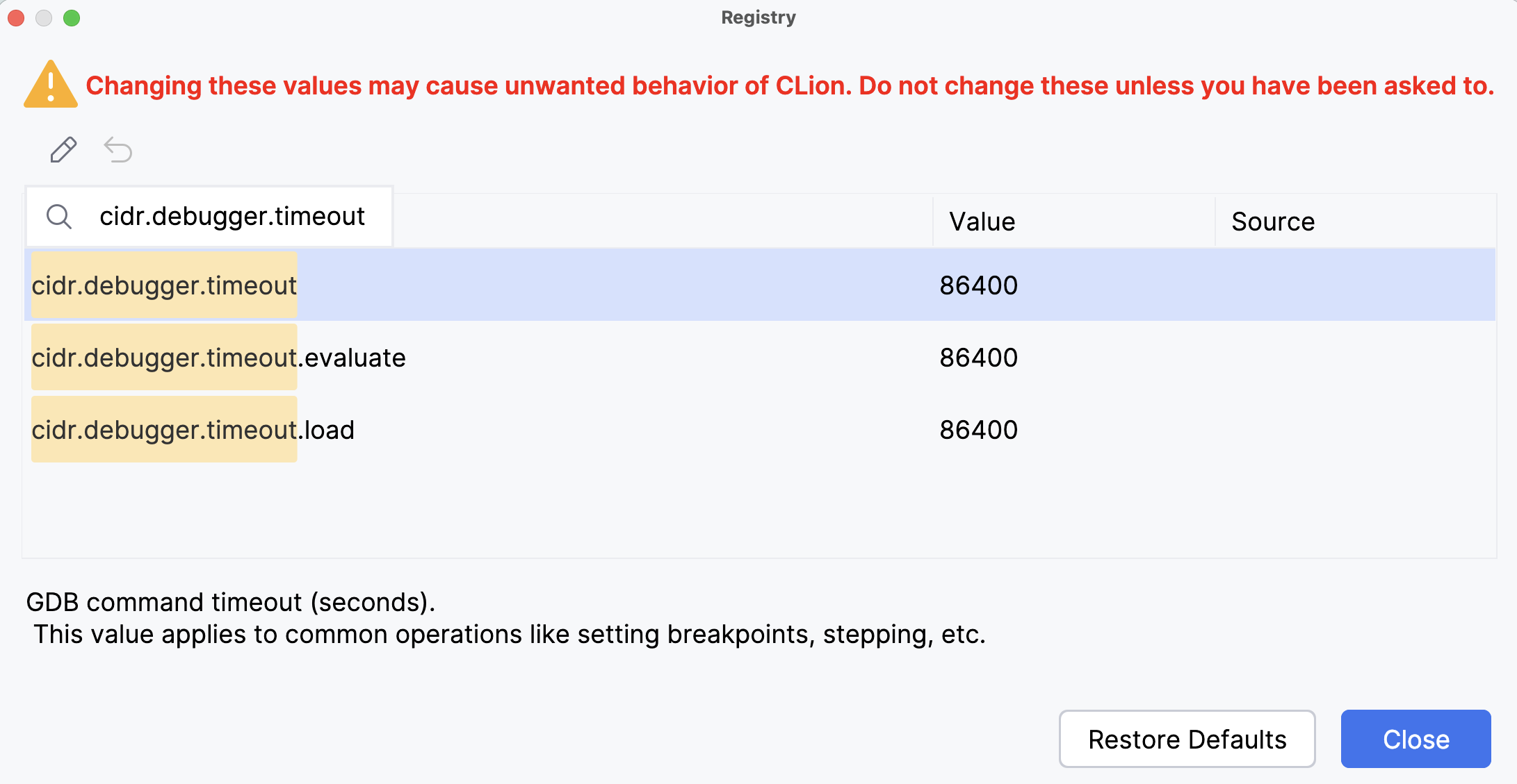 registry keys for GDB timeouts