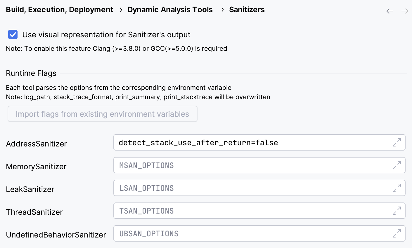 Sanitizers settings Sanitizers settings