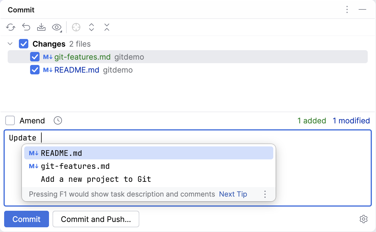 Completion in the commit message Completion in the commit message