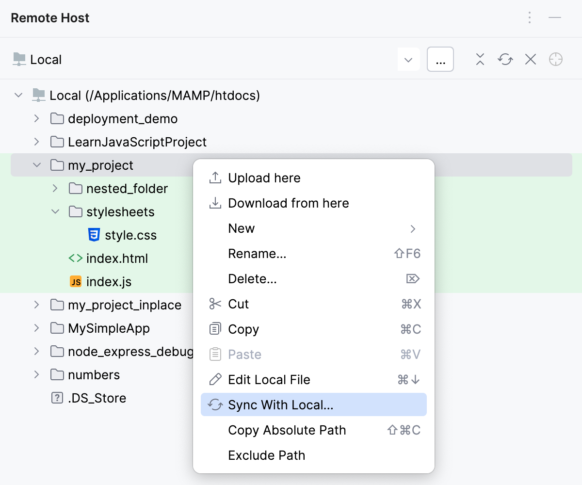 Compare a remote folder with its local version: Sync with local