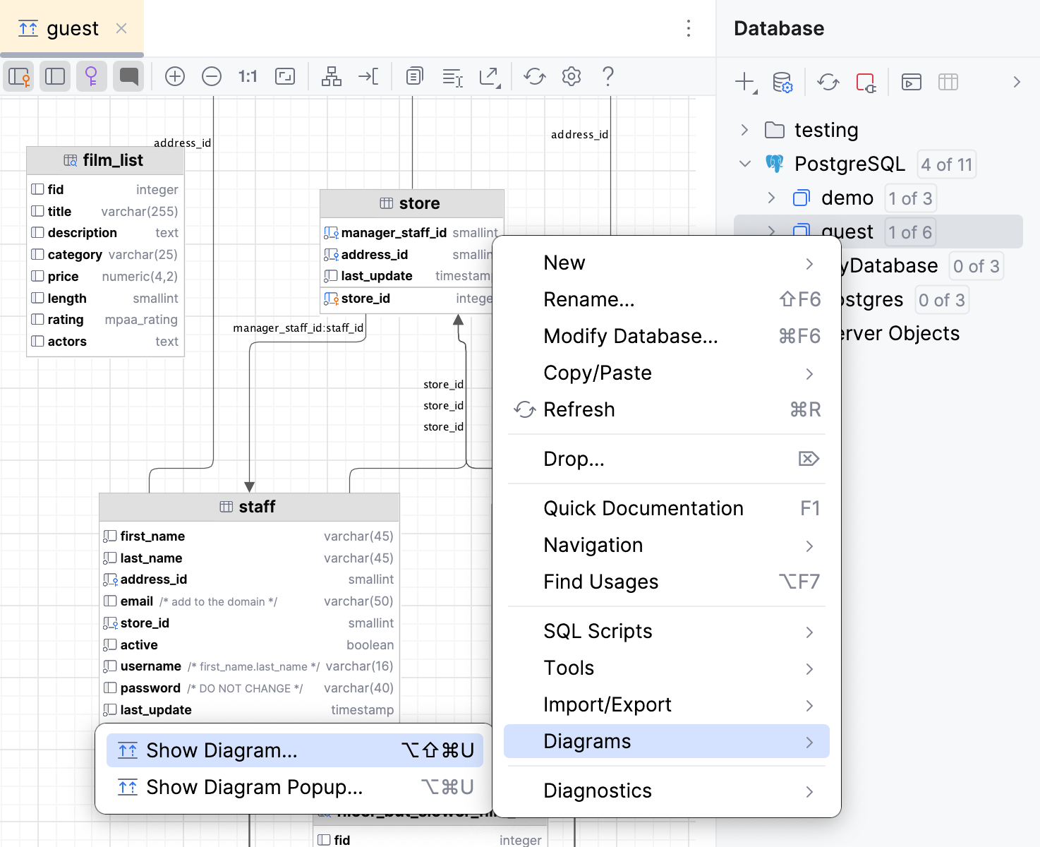 Generate a diagram for a database object Generate a diagram for a database object