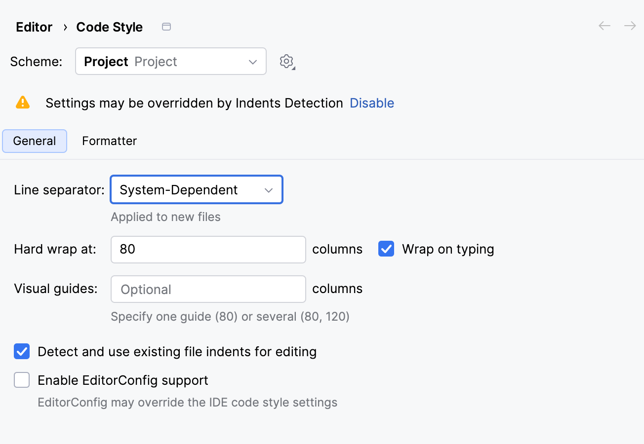 The Code Style settings dialog
