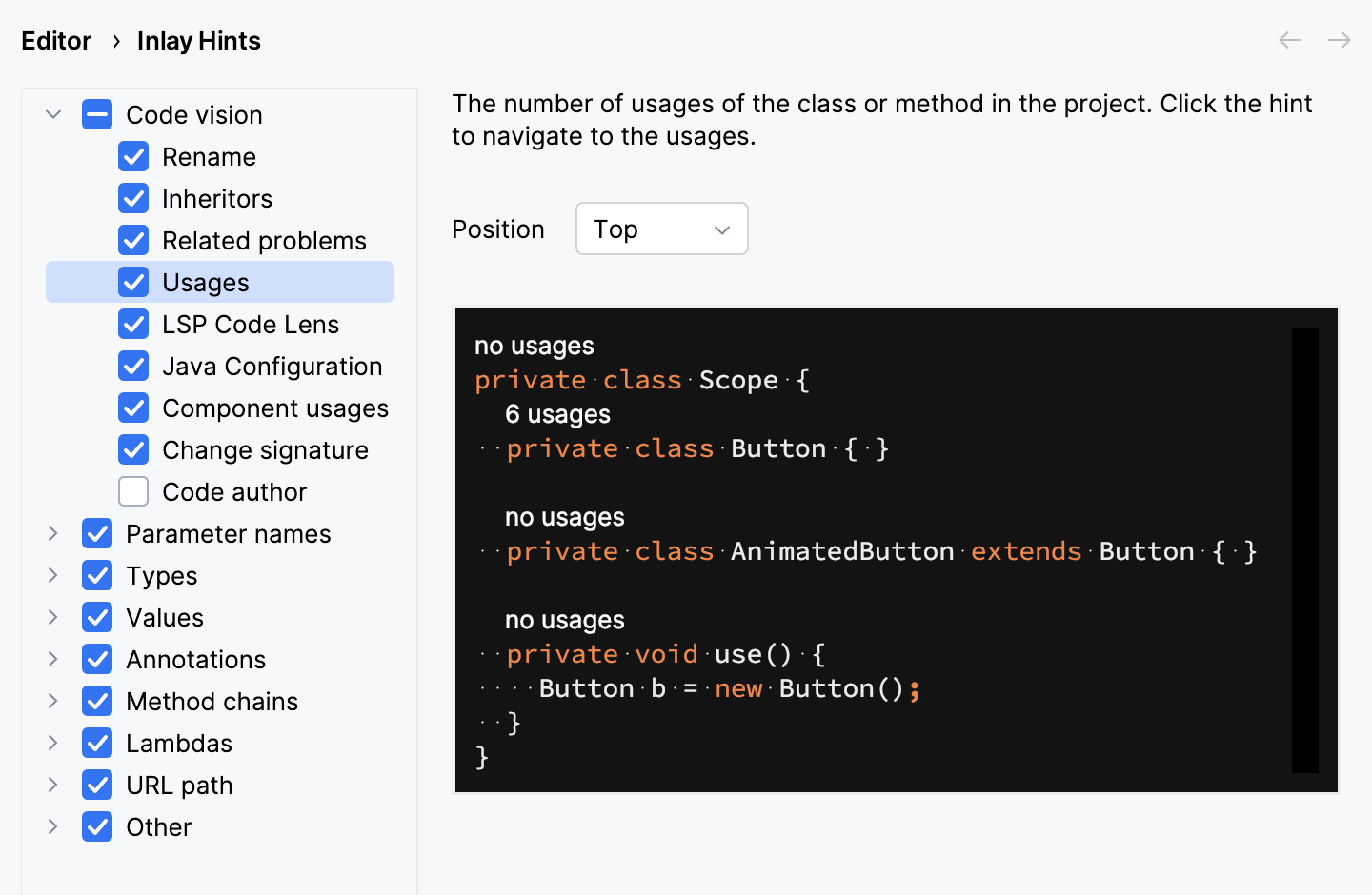 The Inlay Hints settings dialog