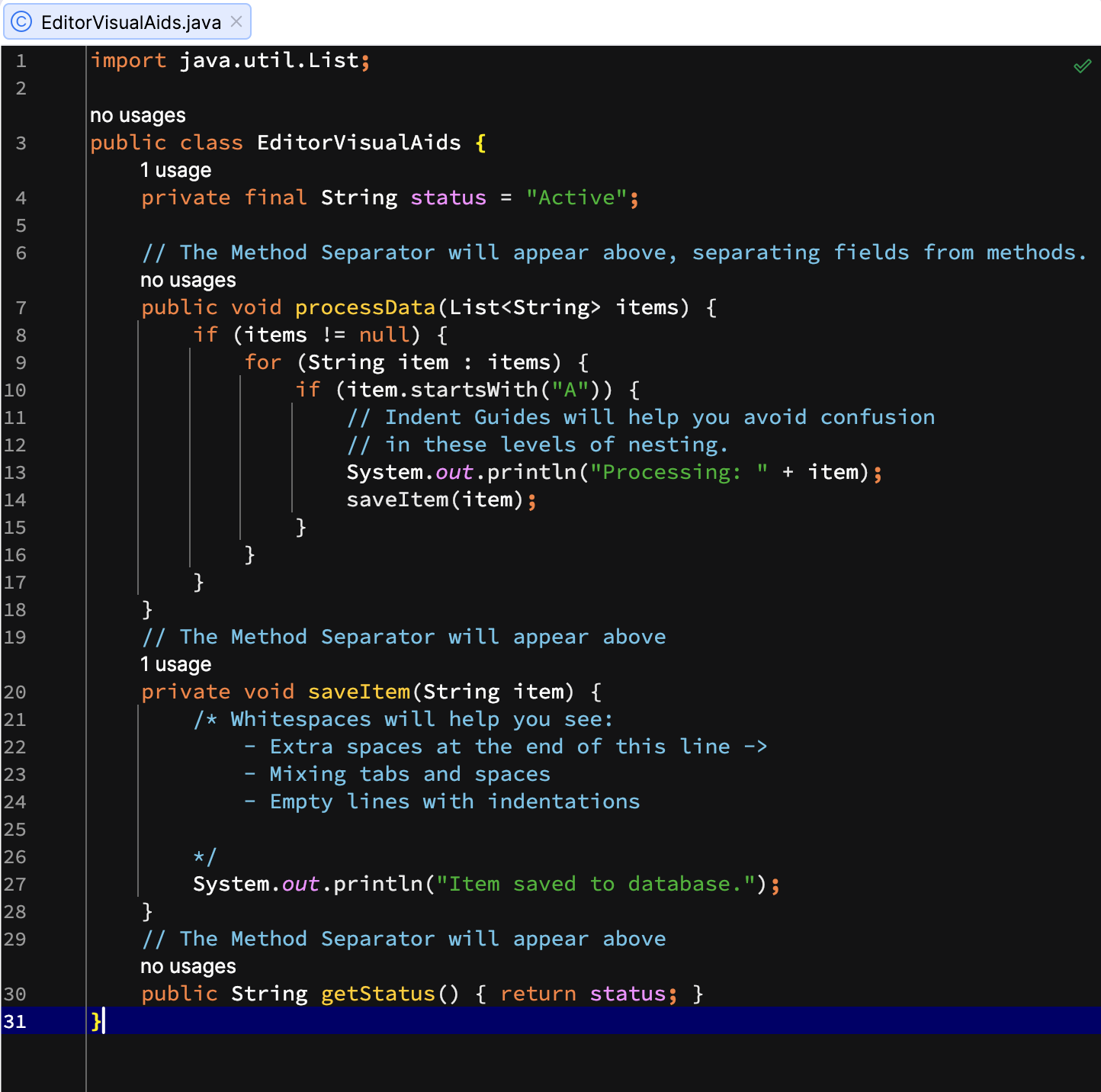 Indent guides in the editor