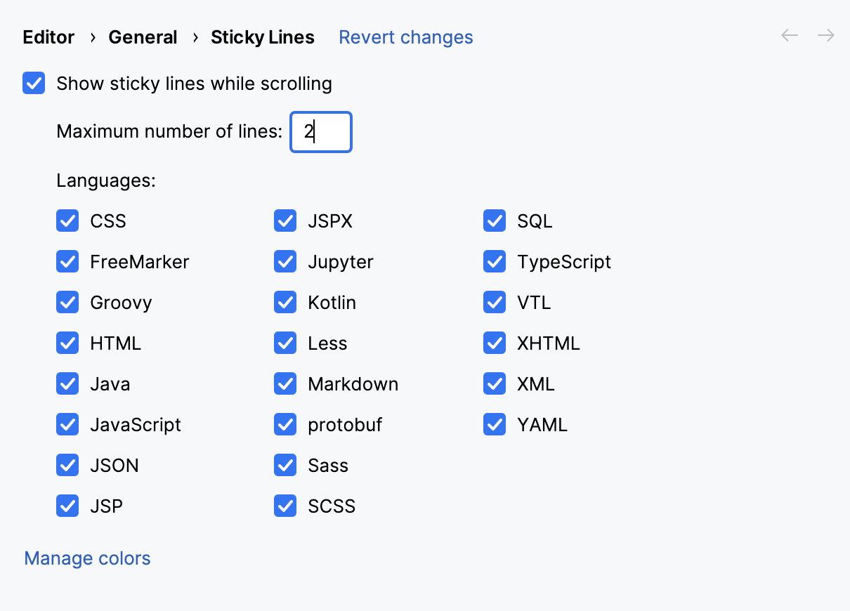The Sticky Lines settings