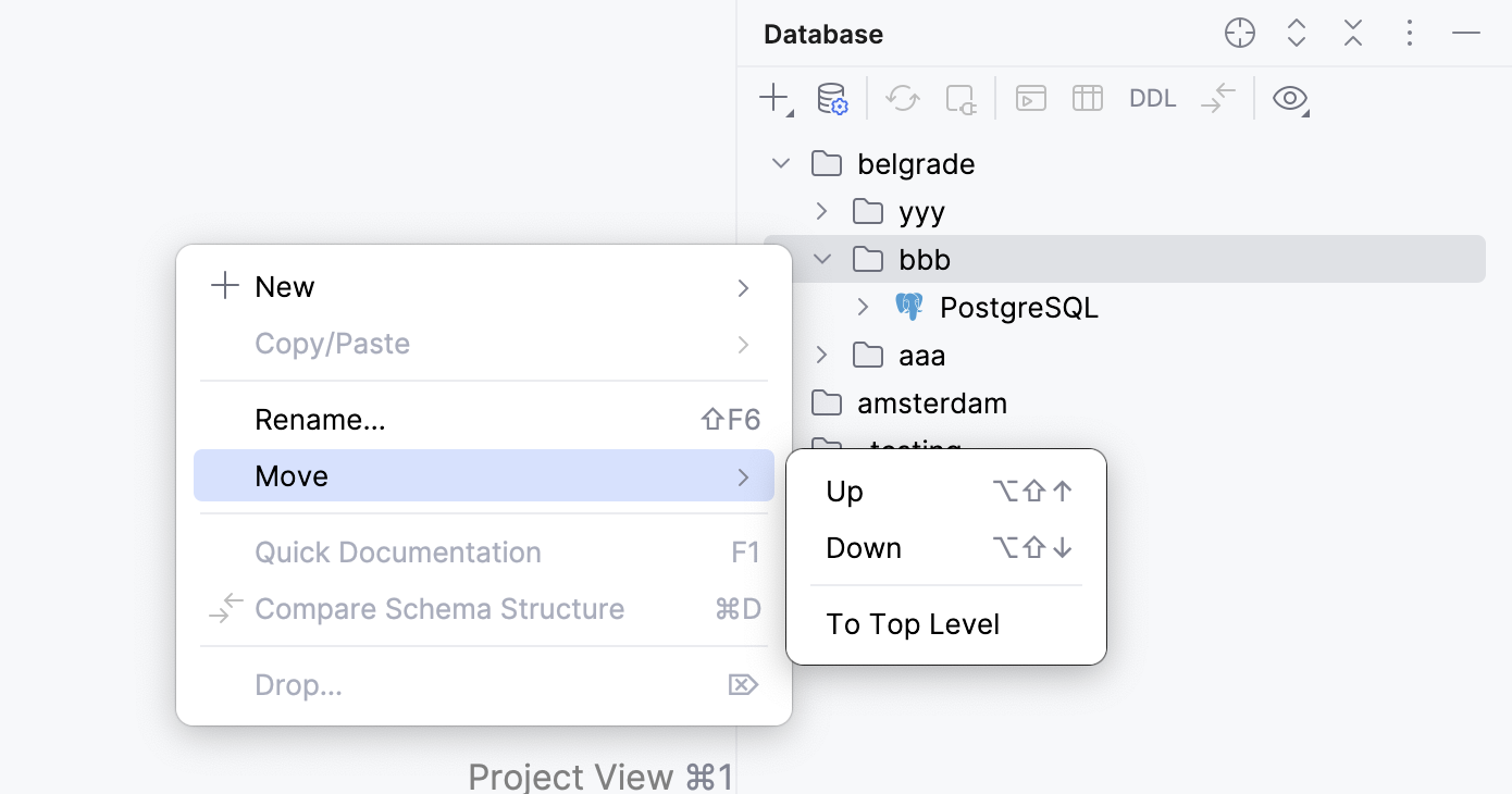 Reorder folders in Database tool window