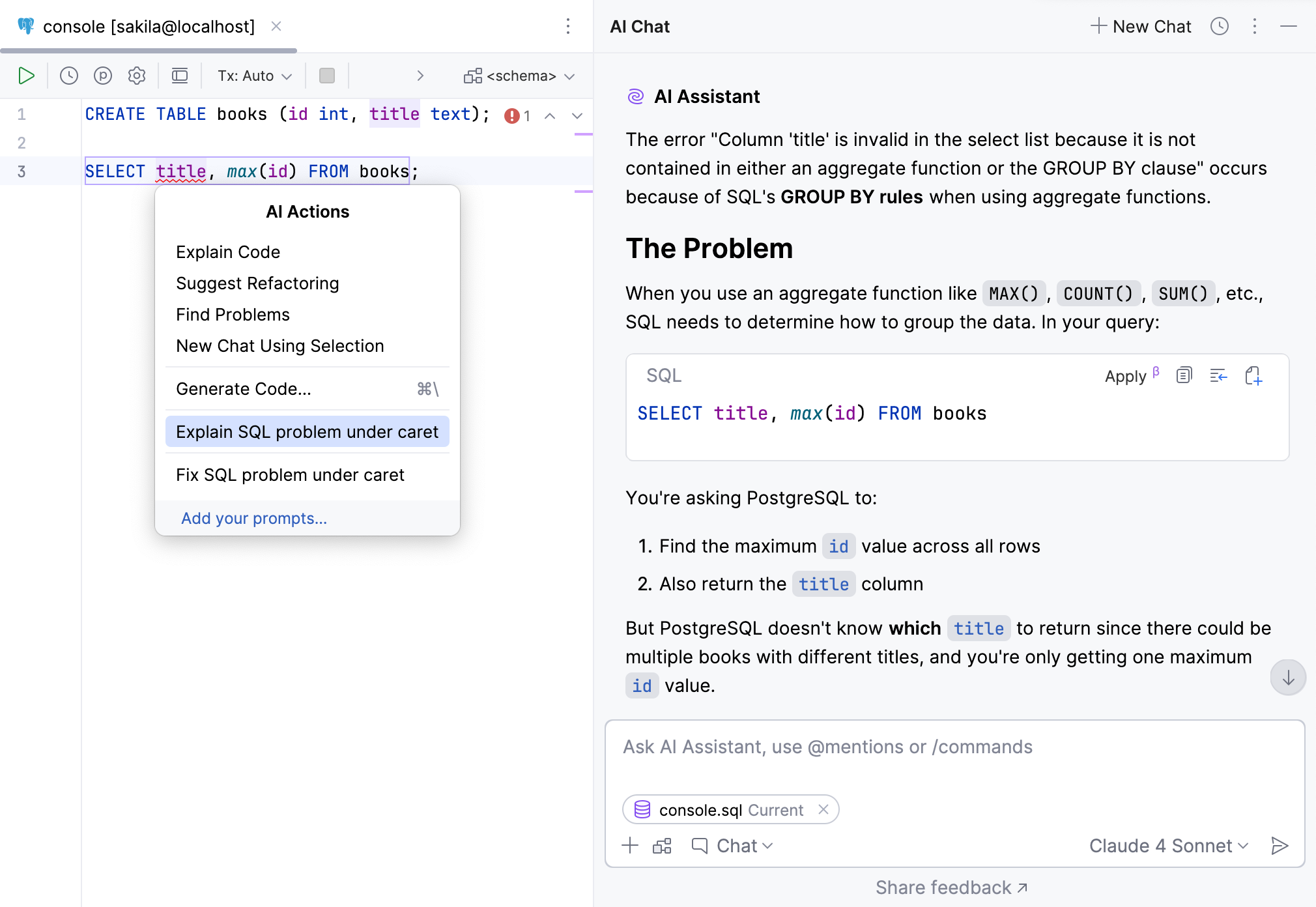 AI Assistant explains problems in the selected SQL code AI Assistant explains problems in the selected SQL code