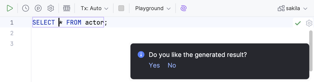 AI Assistant suggests a fix for the syntax errors of selected SQL code AI Assistant suggests a fix for the syntax errors of selected SQL code