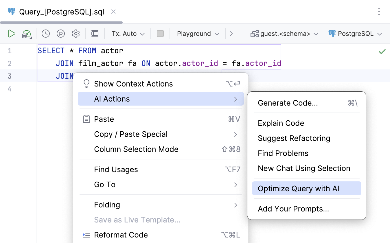 AI&nbsp;Assistant query optimization context menu action