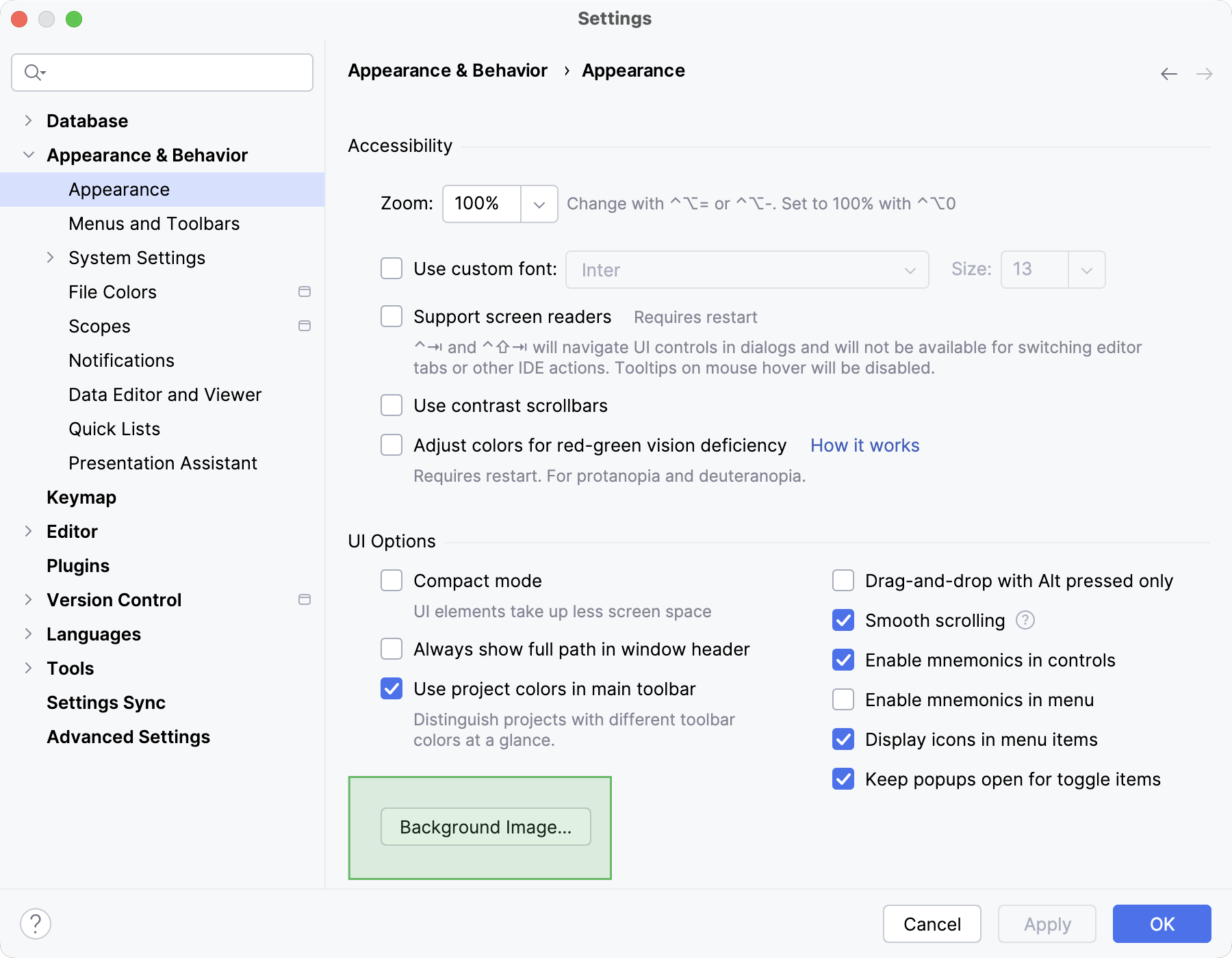 The Background Image button in Appearance preferences The Background Image button in Appearance preferences