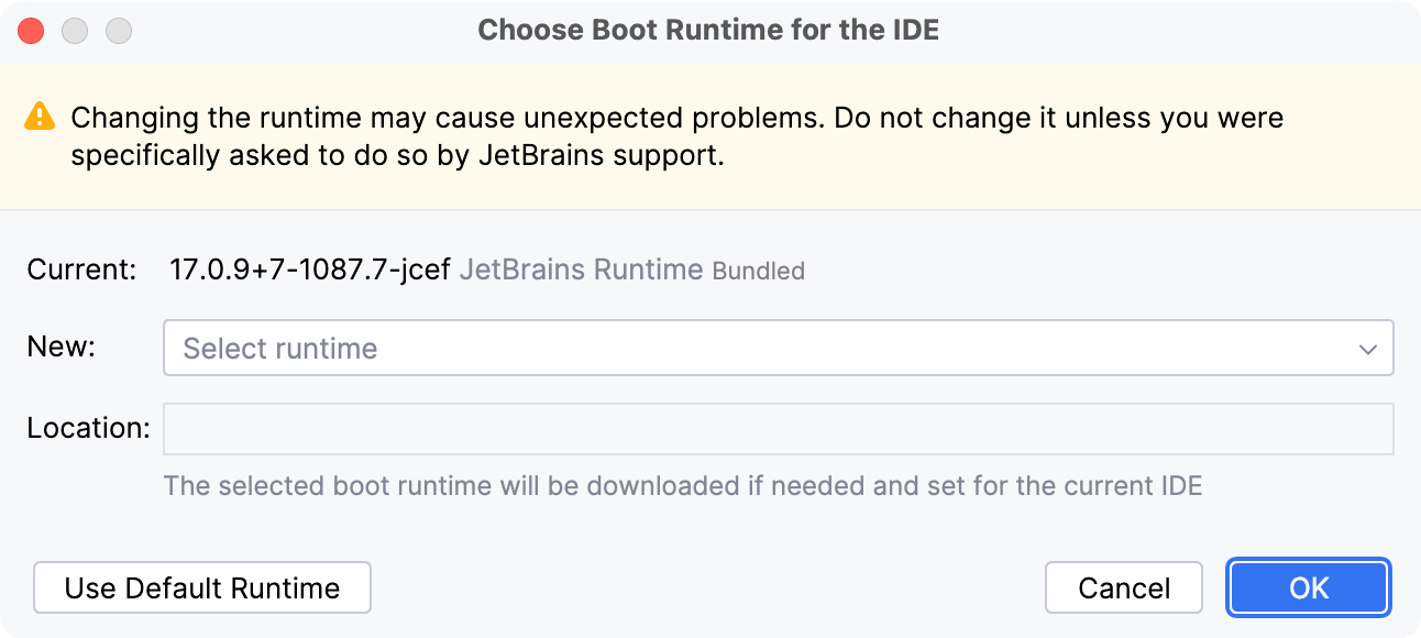 Choose Boot Runtime for the IDE Choose Boot Runtime for the IDE