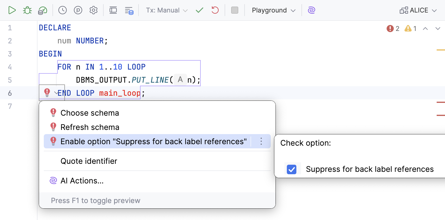 The Suppress for back label references option in the IDE Settings dialog The Suppress for back label references option in the IDE Settings dialog