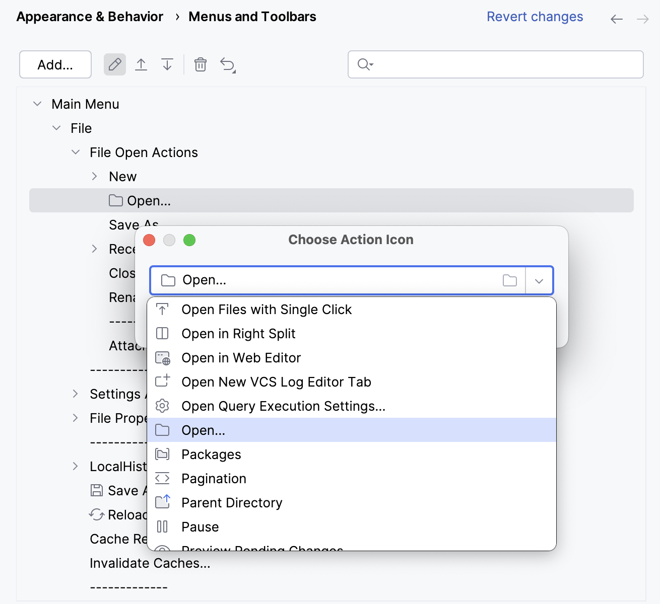 Selecting icon from the list Selecting icon from the list