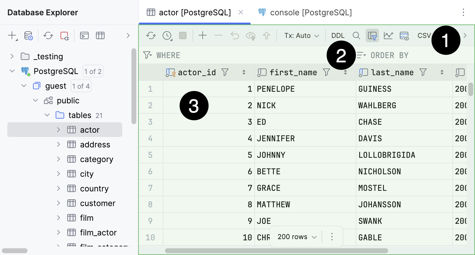 Database object data in data editor