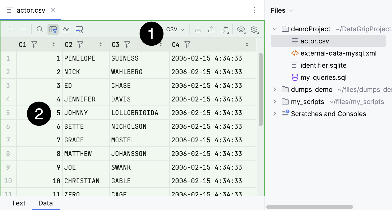 Data editor tab in a delimiter-separated values file editor