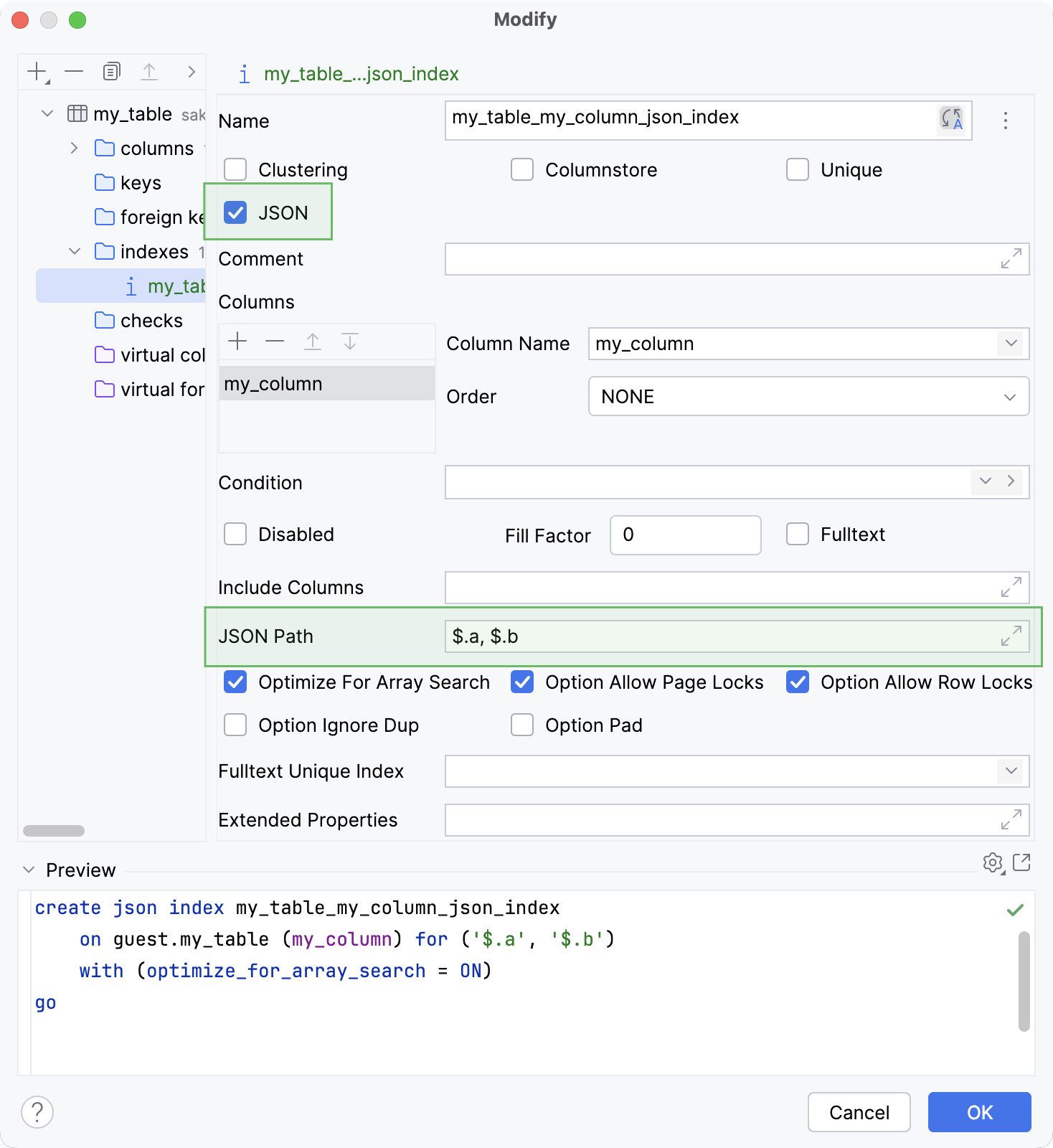 JSON index in the Modify dialog JSON index in the Modify dialog