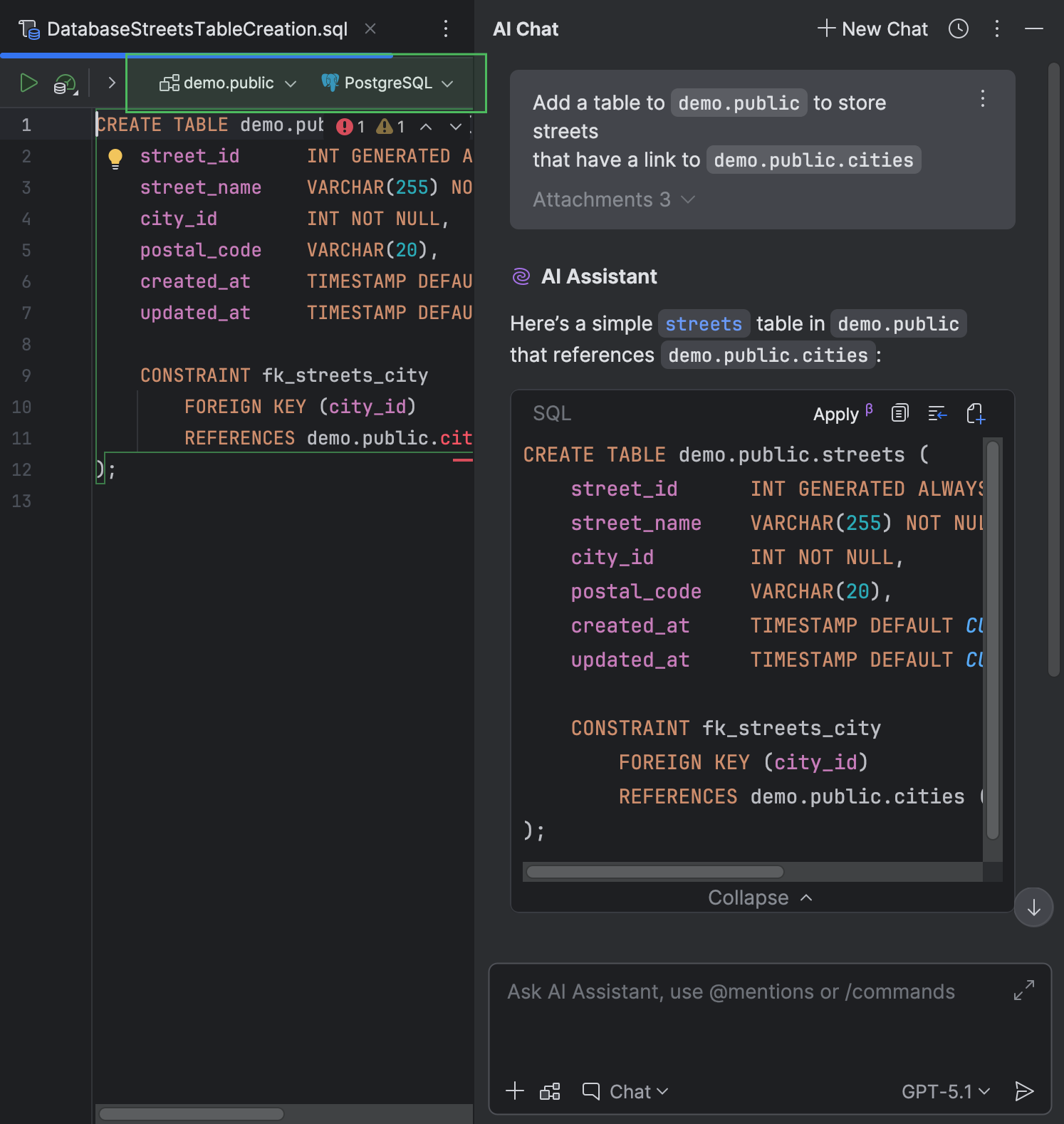 Database context is applied to a newly created file