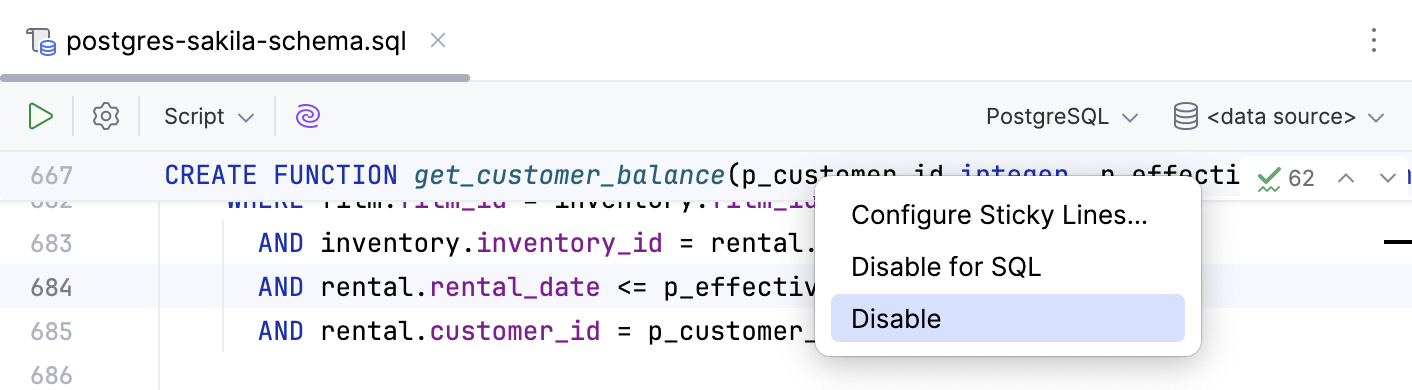 Disable sticky lines for all languages in the editor