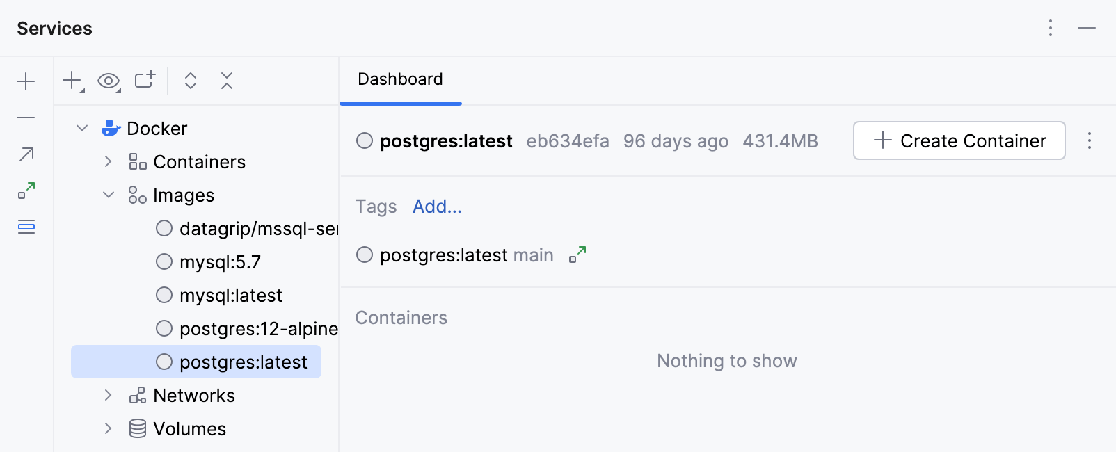 Select the PostgreSQL image and click Create Container Select the PostgreSQL image and click Create Container