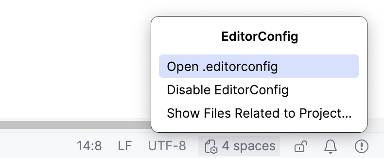 EditorConfig menu opened from the Indentation widget EditorConfig menu opened from the Indentation widget