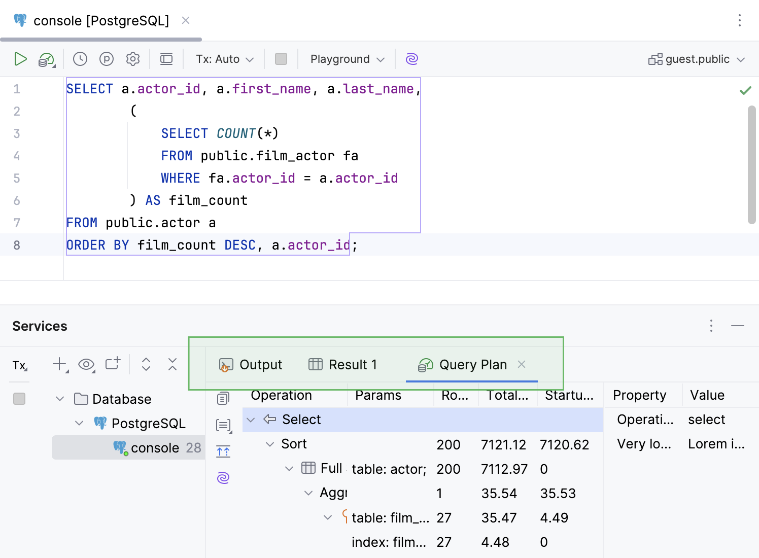 The Query Plan tab among other tabs in the Services tool window The Query Plan tab among other tabs in the Services tool window